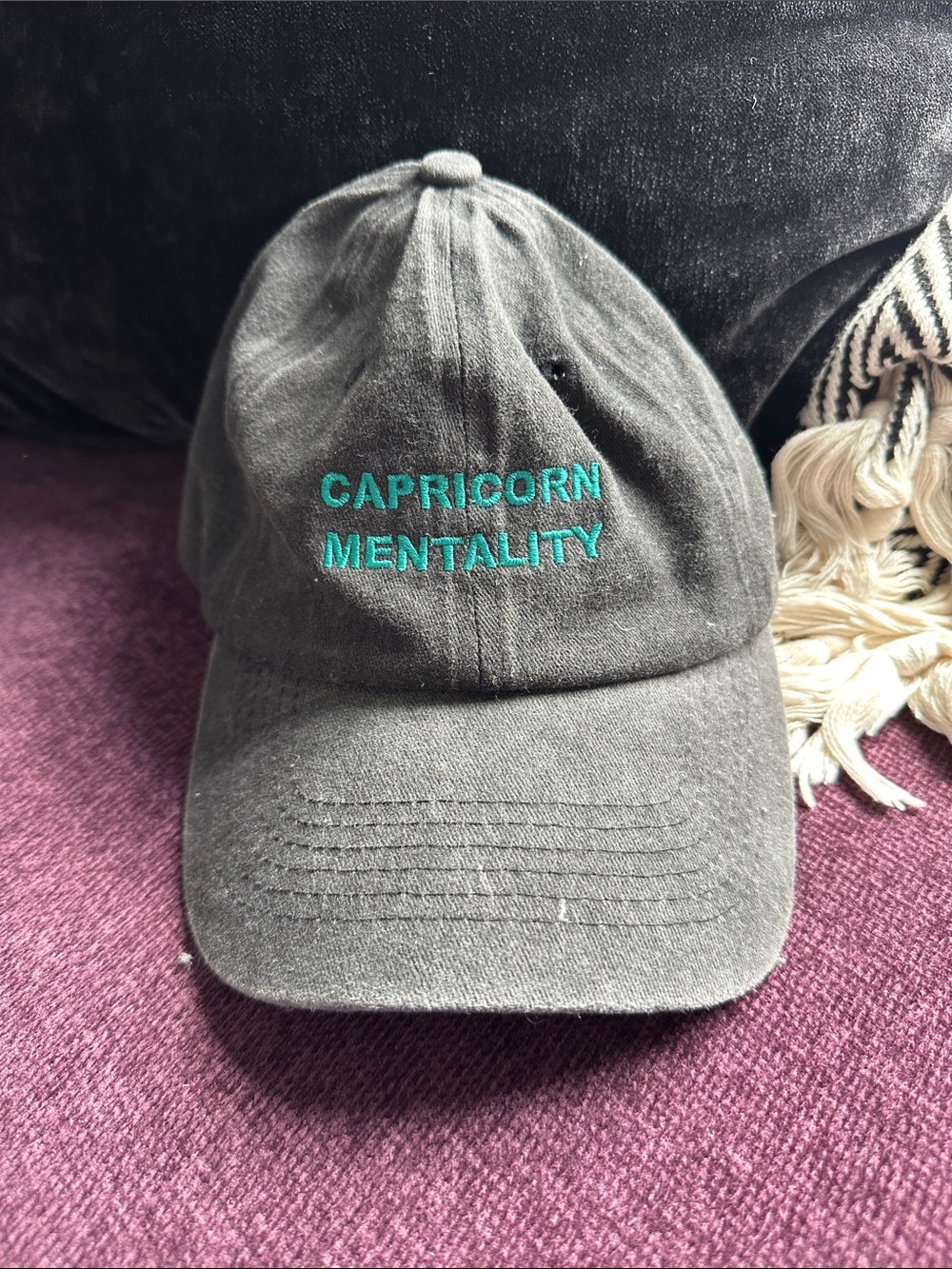 Capricorn Mentality Embroidered Baseball Cap - Gray with Teal Text